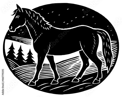 Ranch Horse Silhouette Linocut | Rustic Cowboy SVG | Western Farm Vector