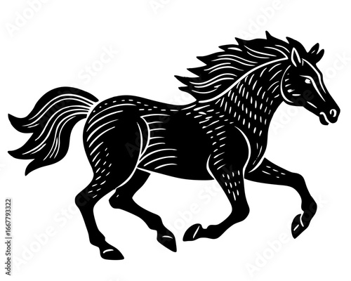 Mustang Running Horse Silhouette Linocut | Wild Stallion SVG | Rustic Vector Art