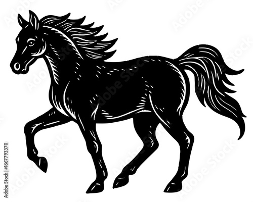 Wild West Horse Silhouette Linocut | Rustic Cowboy SVG | Frontier Ranch Vector