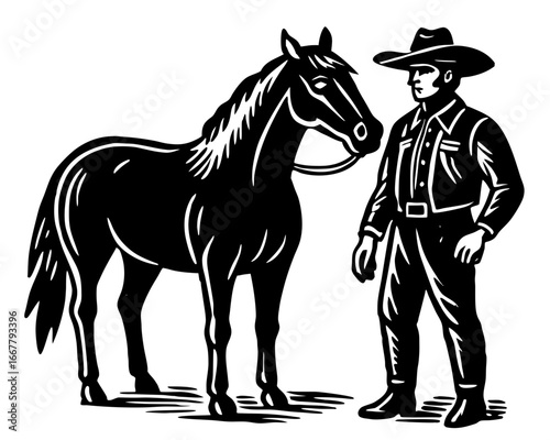 Cowboy with Horse Silhouette Linocut | Rustic Ranch SVG | Wild West Vector