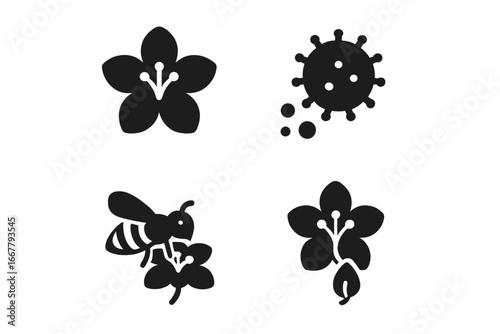 Pollination process vector icon set. Solid glyph icons of a flower, pollen grain, bee collecting nectar, and plant seed formation. Biology, botany, and ecology concept illustration.