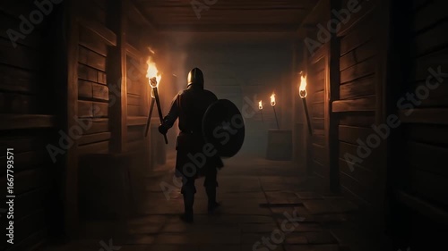 Warrior Holding Lit Torch and Shield Walking Down a Wooden Corridor in Dimly Lit Dungeon