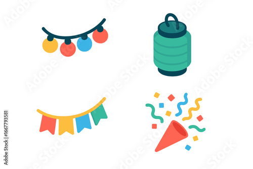 Isometric party decoration icon set. Celebration elements for events and holidays. Vector graphic collection: string lights, paper lantern, bunting banner, and confetti popper.