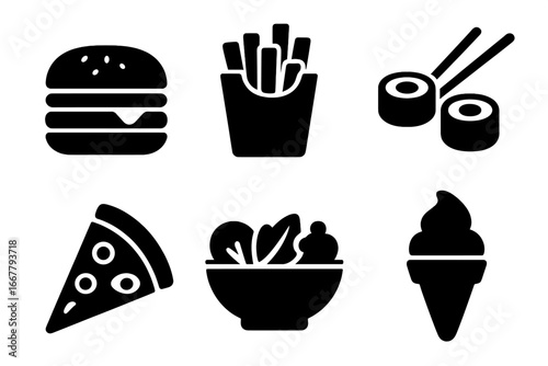 Fast food delivery icons set. Popular takeaway meal symbols. Burger, french fries, pizza, sushi, salad and ice cream. Solid glyph silhouette vector illustration for web and app.
