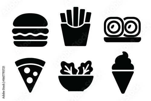 Food delivery icon set. Fast food glyphs for burger, pizza, sushi, salad, fries and ice cream. Vector silhouette symbols for restaurant menu, takeout or online ordering app.