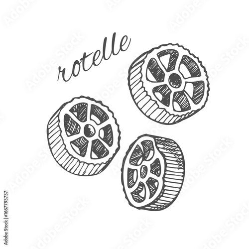 Italian pasta rotelle or mini wheels of ruote, hand drawn black line vector illustration isolated on white background. Kind of pasta in shape of wheels.
