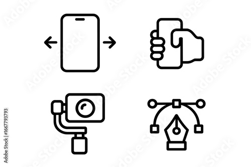 Product design and technology icon set. Smartphone orientation, handheld grip, camera gimbal stabilizer, and vector pen tool. Outline icons for graphic design and CG.