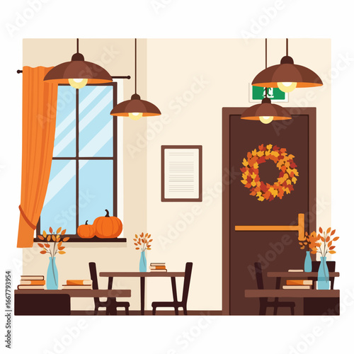 Cozy autumn cafe interior with pumpkins and a wreath on the door