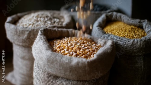 Sacks of assorted grains showcase natural abundance, evoke a rustic farm-to-table vibe, highlight sustainable living and harvest festival themes