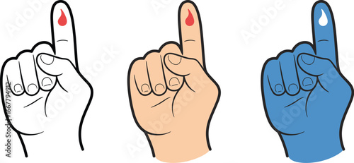 Vector illustration depicting three variations of a hand with an index finger pointing up, featuring a blood drop, representing a health check or medical sampling