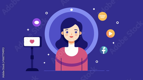 Girl live streaming with smartphone and surrounded by social media and content creation icons
