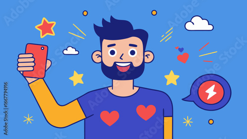 Man taking selfie with smartphone surrounded by likes, stars and social media icons in cartoon style