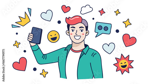 Teen boy taking selfie with smartphone surrounded by emojis, hearts and fun social media symbols