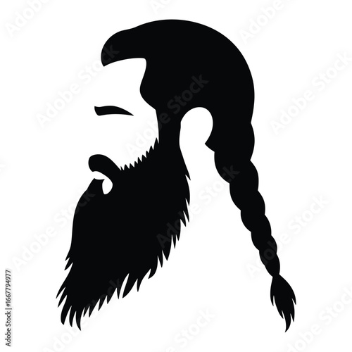Viking Braided Beard & Long Hair Silhouette, Vector, Illustration, Outline, Line Art, Icon, White Background.