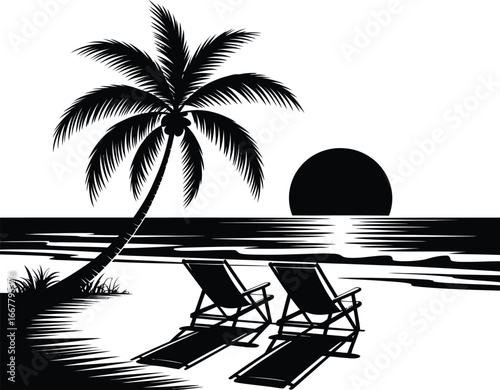 A striking black and white silhouette of a tranquil tropical beach at sunset, with a palm tree and two empty lounge chairs