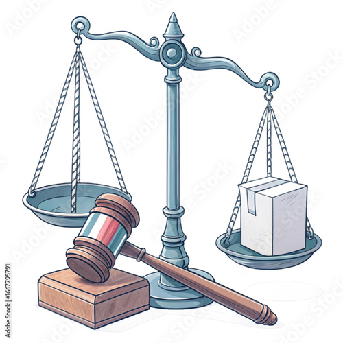 Justice scale with gavel and box representing law, fairness, and legal proceedings for court and litigation