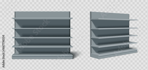 Store shelf supermarket display units with multiple gray metal tiers and adjustable bracket system for retail product presentation. Empty shelving structures from front and side perspective.