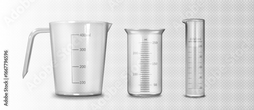3d clear measuring cup set with milliliter markings and handles for kitchen use on transparent bg. Glass beakers with volume graduations from for cooking or laboratory measurements with pouring spouts