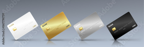 Bank credit card mockup with gold chip front side in white, golden, silver and black finishes. Premium payment cards with number and date symbols for financial presentations.