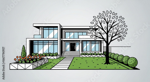 Modern house architecture design with garden and tree vector illustration for real estate concept design