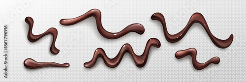 Glossy chocolate sauce drop patterns with flowing curves and wavy shapes on transparent bg for dessert decoration. Dark brown syrup drizzles in liquid lines for sweet toppings or confectionery design