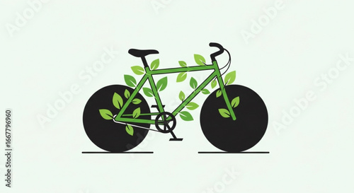Eco friendly bicycle with green leaves illustration for sustainable transport and healthy lifestyle concept