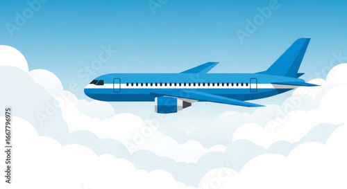 Blue airplane flying in the sky above the clouds travel and transportation aviation journey concept design