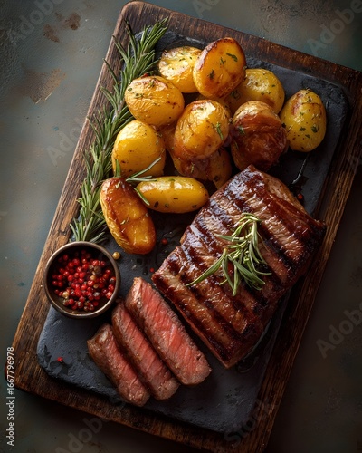 Seared Steak and Roasted Potatoes on a Rustic Wooden Plate