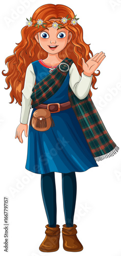 Smiling Scottish Girl in Traditional Highland Dress Waving