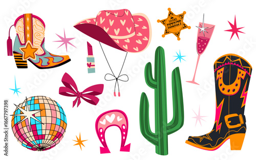 Disco cowgirl elements with mirror ball, horseshoe and hat, boots and sheriff star, decorative western shoe for party. Western accessories with pink bows, cocktail glass and retro rodeo, country icons