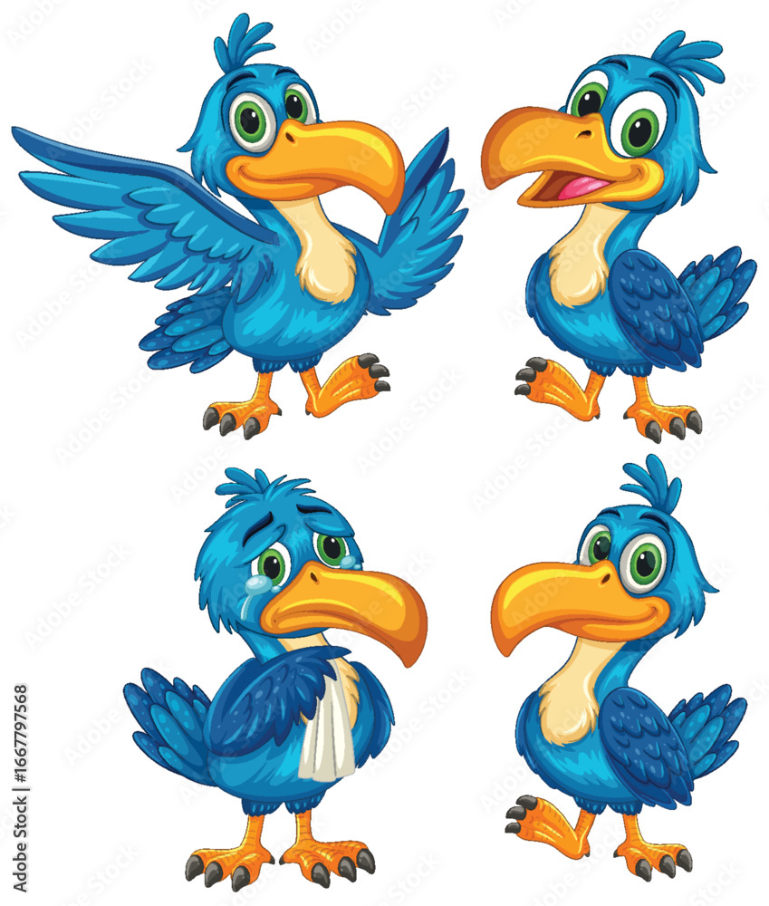 Naklejka premium Cartoon Blue Bird Character with Expressive Poses