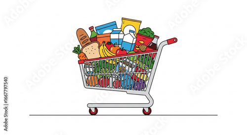 Grocery shopping cart full of food items vector illustration for supermarket and food store concept is here