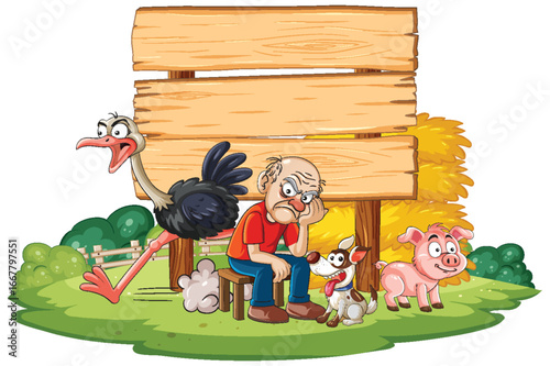 Grumpy Farmer Sitting With Animals Near Blank Wooden Sign