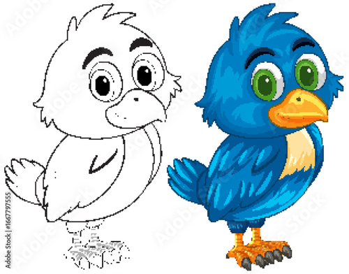 Colorful Cartoon Hornbill Illustration with Outline