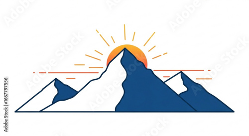 Mountain landscape illustration with rising sun vector design for outdoor adventure and nature themed projects