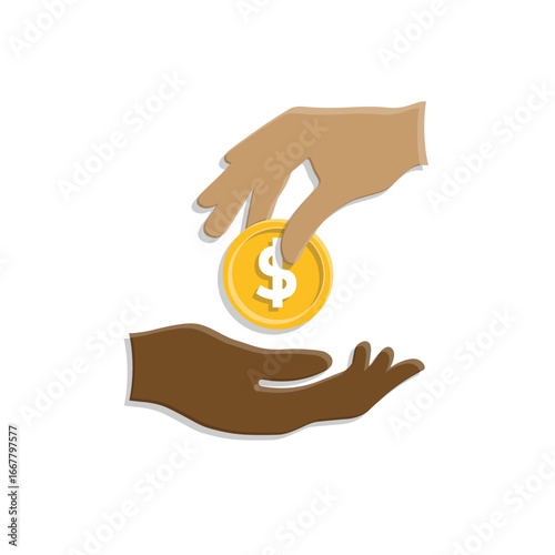 transaction icon. symbol of giving money. two hands giving and receiving money. paying, economy, money. isometric design style