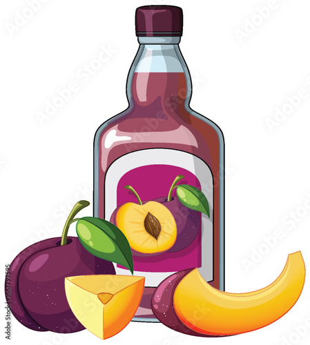 Plum Juice Bottle with Fresh Plum and Slices