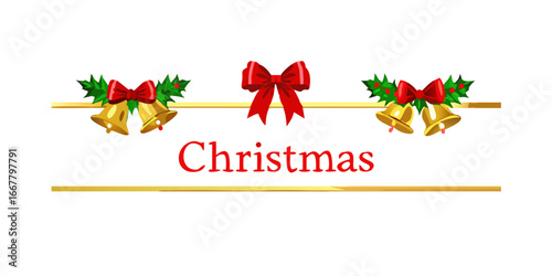 Christmas text with holly and golden bells divider
