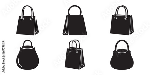 Six black shopping bags and containers in various shapes on white background vector