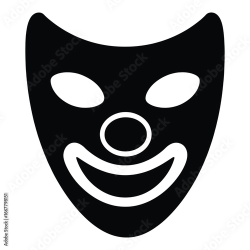 Black clown mask with white oval eyes and smiling mouth face