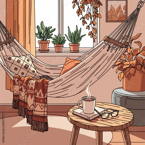Cozy hammock setup with plants and warm tones for relaxation at home