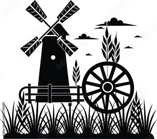 windmill beside wooden cart in wheat field