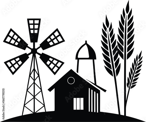 windmill with distant barn and wheat foreground
