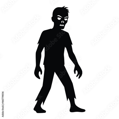 Black silhouette of a zombie with tattered clothes and sharp teeth white monster