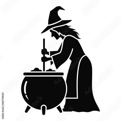 Black silhouette of a witch stirring a cauldron with a stick halloween potion