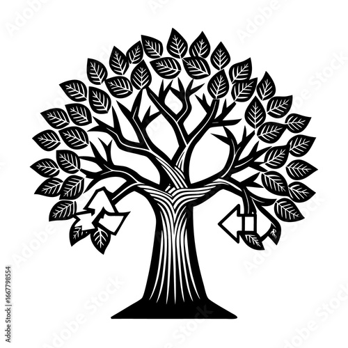 Abstract floral tree design with black and white decorative flowers, leaves, and branches forming a nature-inspired illustration