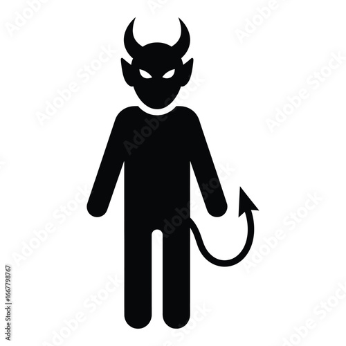 Black devil silhouette with pointed ears horns and tail on white demon