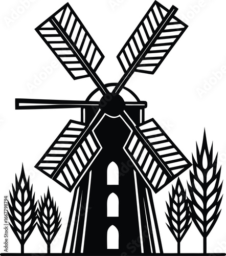 windmill with overlapping wheat patterns in foreground