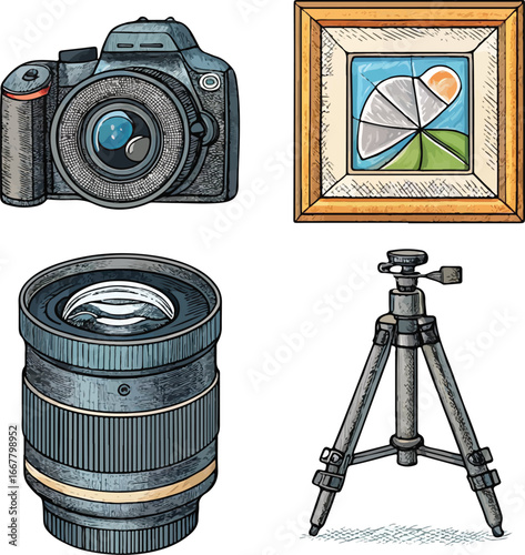 Photography Essentials Set – DSLR Camera, Lens, Tripod, and Framed Photo