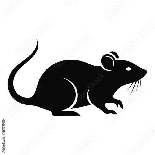 Black silhouette of a mouse with a long tail and whiskers on white rodent animal